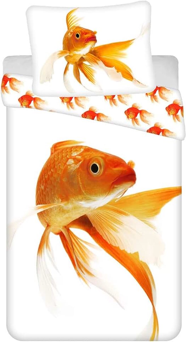 Jeugd beddengoed omkeerbaar motief dier goudvis vis oranje met witte achtergrond, Dekbedovertrek 140 x 200 cm 70 x 90 cm, 100% katoen met ritssluiting