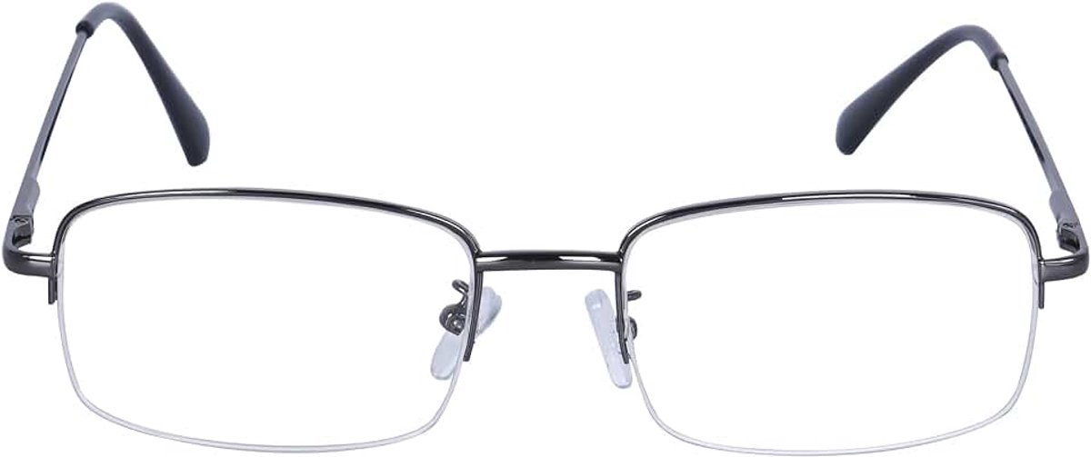 Leesbril voor heren, half montuur, rechthoekig metalen frame, heldere lens + brilband