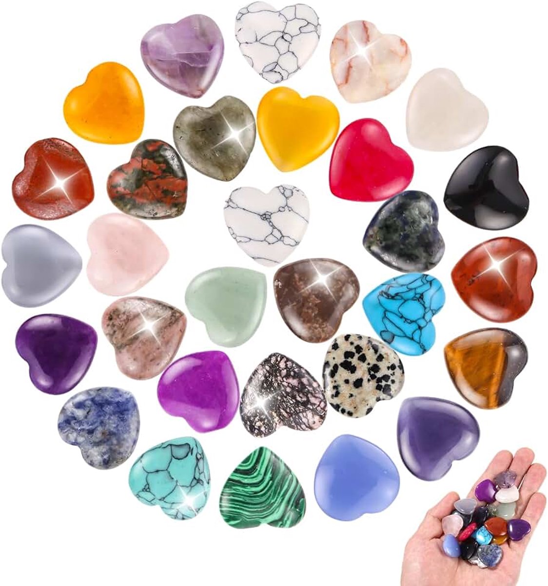 30 stuks geluksbrengers kleurrijke hartvormige kristallen helende stenen sets voor kinderen, hartdecoratie stenen amethist rozenkwarts helende stenen, Valentijnsdag hart steen voor meditatie, chakra