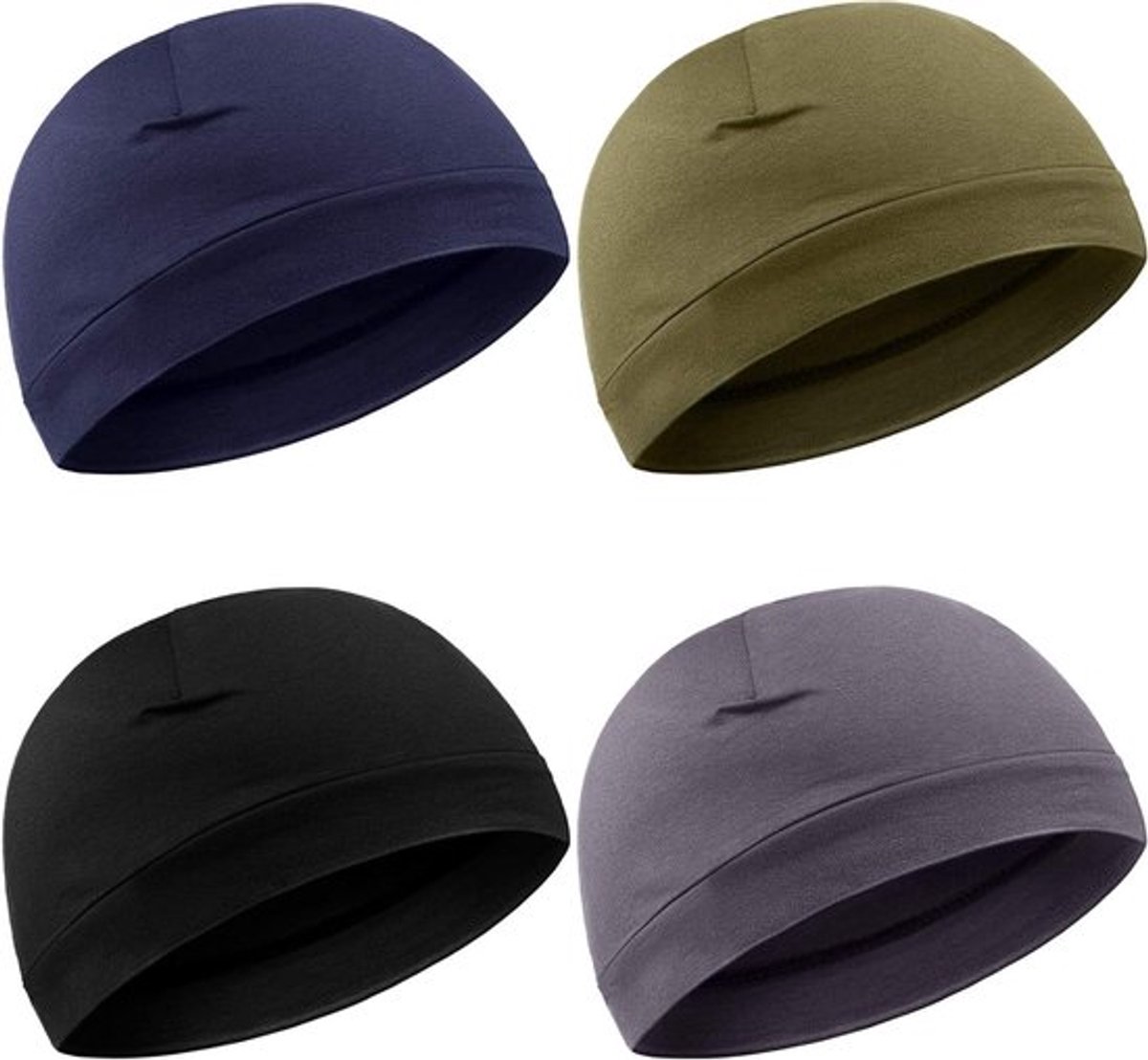 Multifunctionele Soft Cotton Slaapcaps voor Mannen en Vrouwen - 4 Stuks in Zwart, Grijs, Army Groen en Marineblauw - Ideaal als Helmvoering en Hoofdbedekking