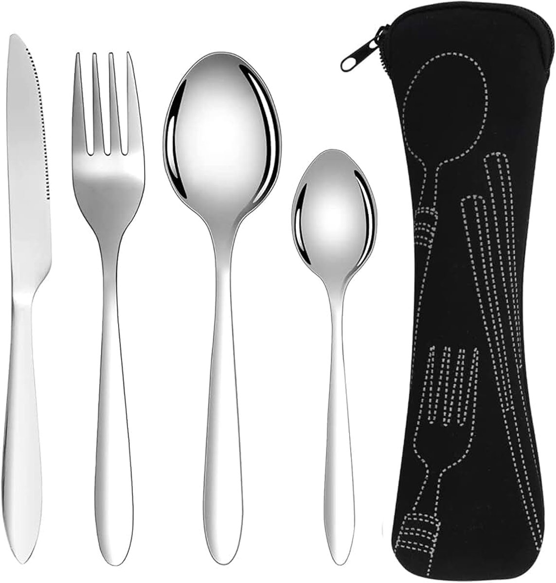 Bestek, 4 stuks, campingbestek van roestvrij staal, reisbestek van roestvrij staal met vork, lepel, flesopener en bestektas voor reizen, picknick, werken, wandelen