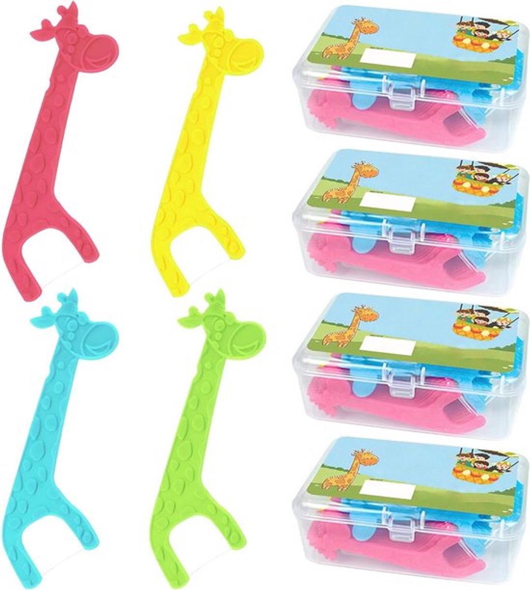 Floss-sticks voor kinderen | Interdentale tandfloss giraf-handvat | 4 kleuren | Ongewaxt | Antislip | 40 stuks per doos