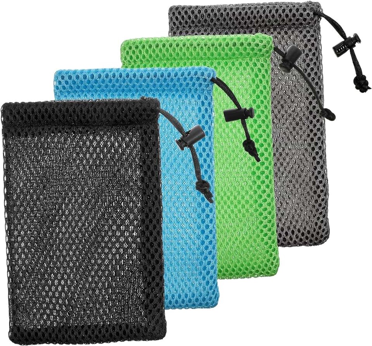 4-delige mesh tassen met trekkoord, duurzaam nylon opbergzakje, voor MP3-opladers, koptelefoonsleutels, ideaal voor dagelijkse organisatie (15 x 10 cm)