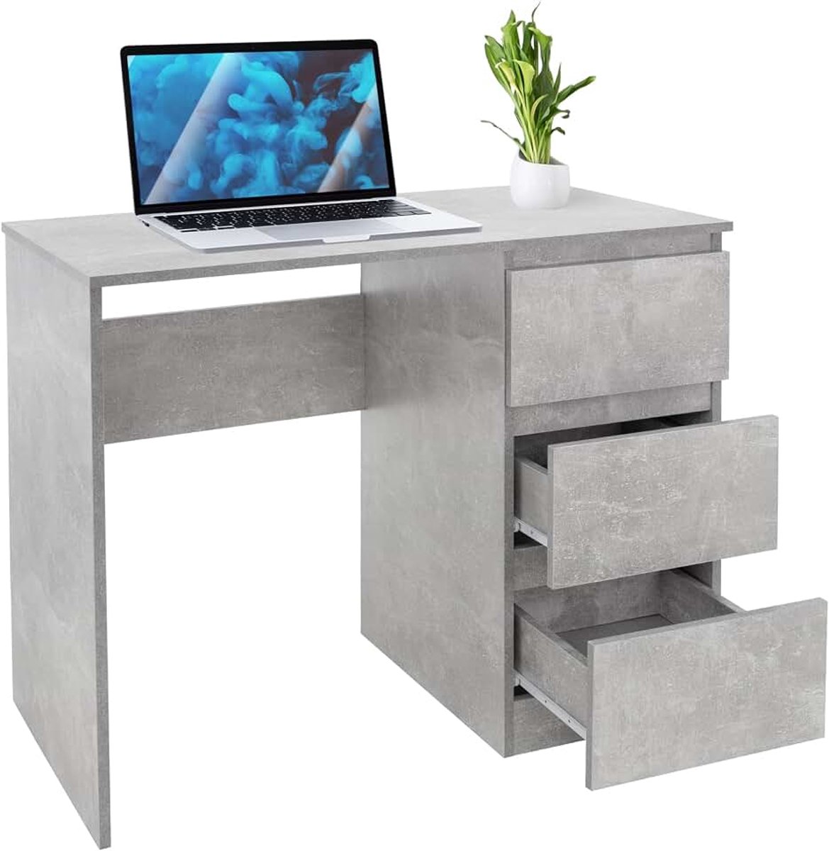 Bureau met 3 laden, 90x76x50 cm, grijs in betonlook, veel opbergruimte, modern, werkbureau bureautafel computertafel bureaumeubel kinderbureau laptoptafel PC tafel, voor thuis/kantoor