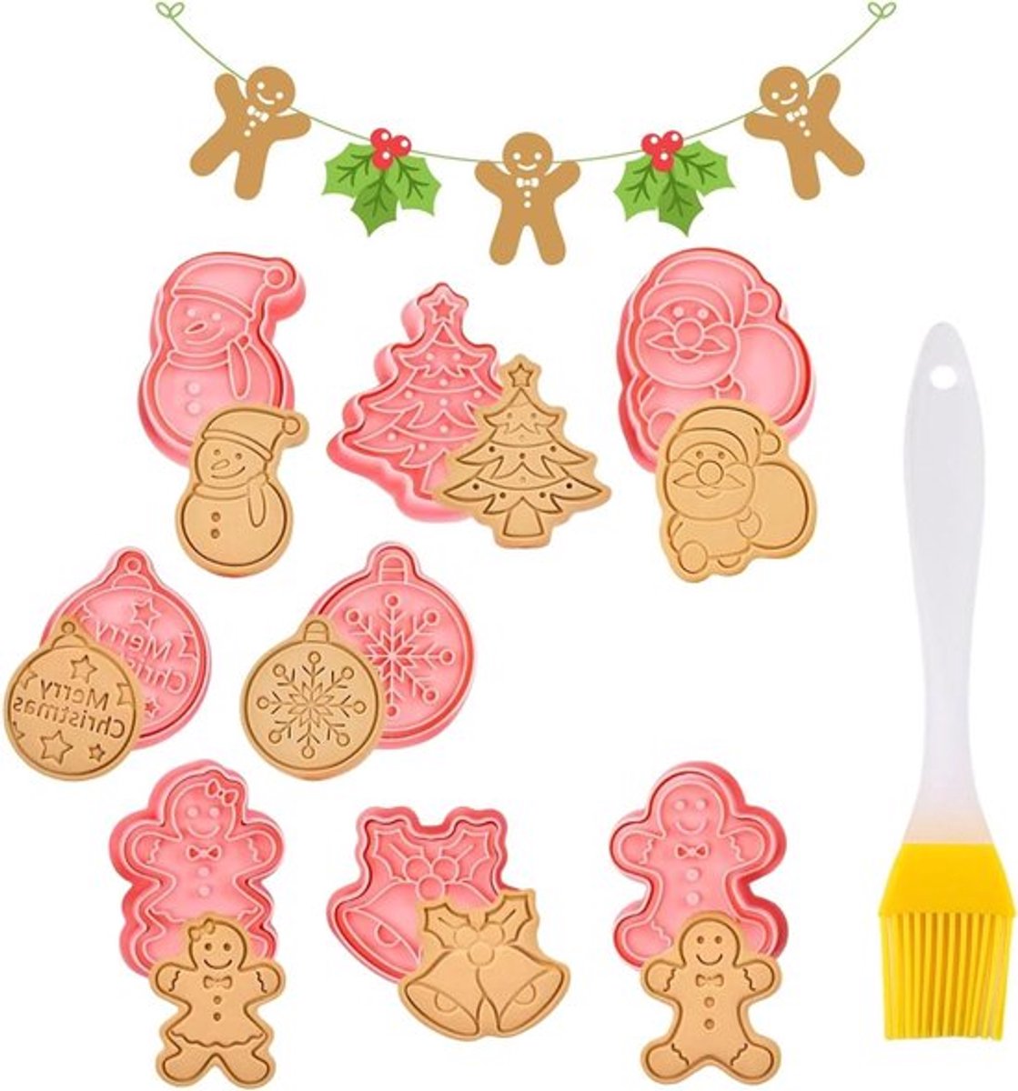 Uitsteekvormen voor Kerstmis - Set van 8 kunststof 3D koekjessnijders met olieborstel