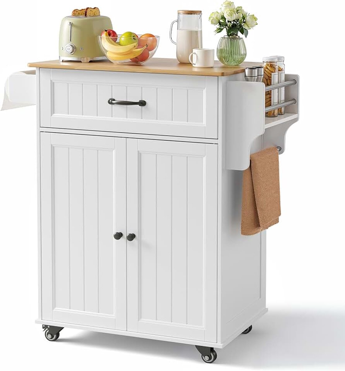 Keukentrolley op Wielen, Multifunctioneel Keukeneiland met Handdoekhouder en Kruidenplank, Rollende Serveertrolley voor Keuken, Eetkamer en Gang (Zwart)