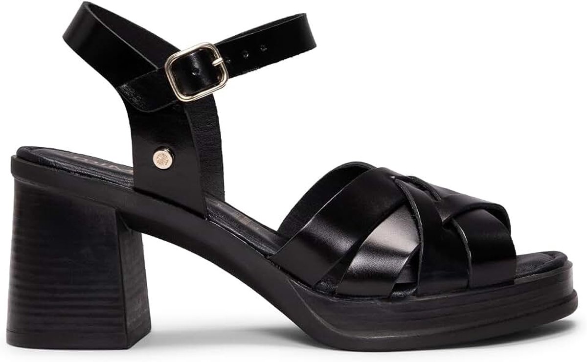MiMaO | Dames Sandalen met Brede Hak | Nappa Leer | Ultra Comfort Gel | 7,5 cm Hak | Gekruiste Tira | Gesp | Premium Vakmanschap