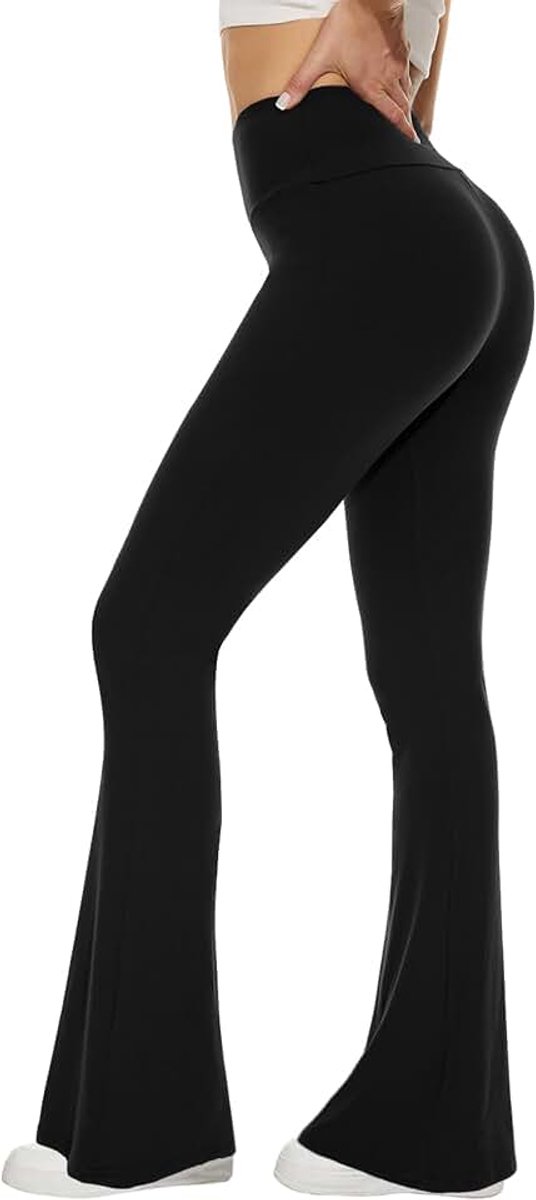 Zwarte, uitlopende yogabroek voor dames, zachte bootcut legging met hoge taille, hoge en lange bootleg broek voor dames