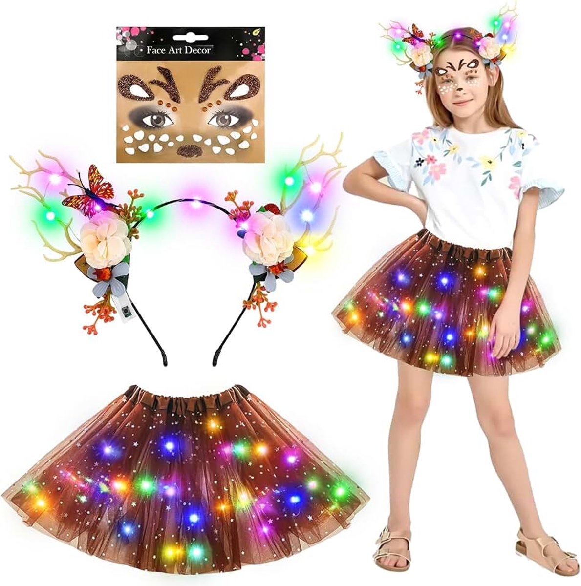 Rendierkostuum voor kinderen, dierenkostuum voor carnaval, Kerstmis | Jungle-kostuum voor feestjes met led-rendier, haarband, tule rok, hert, gezichtstatoeages voor cosplay