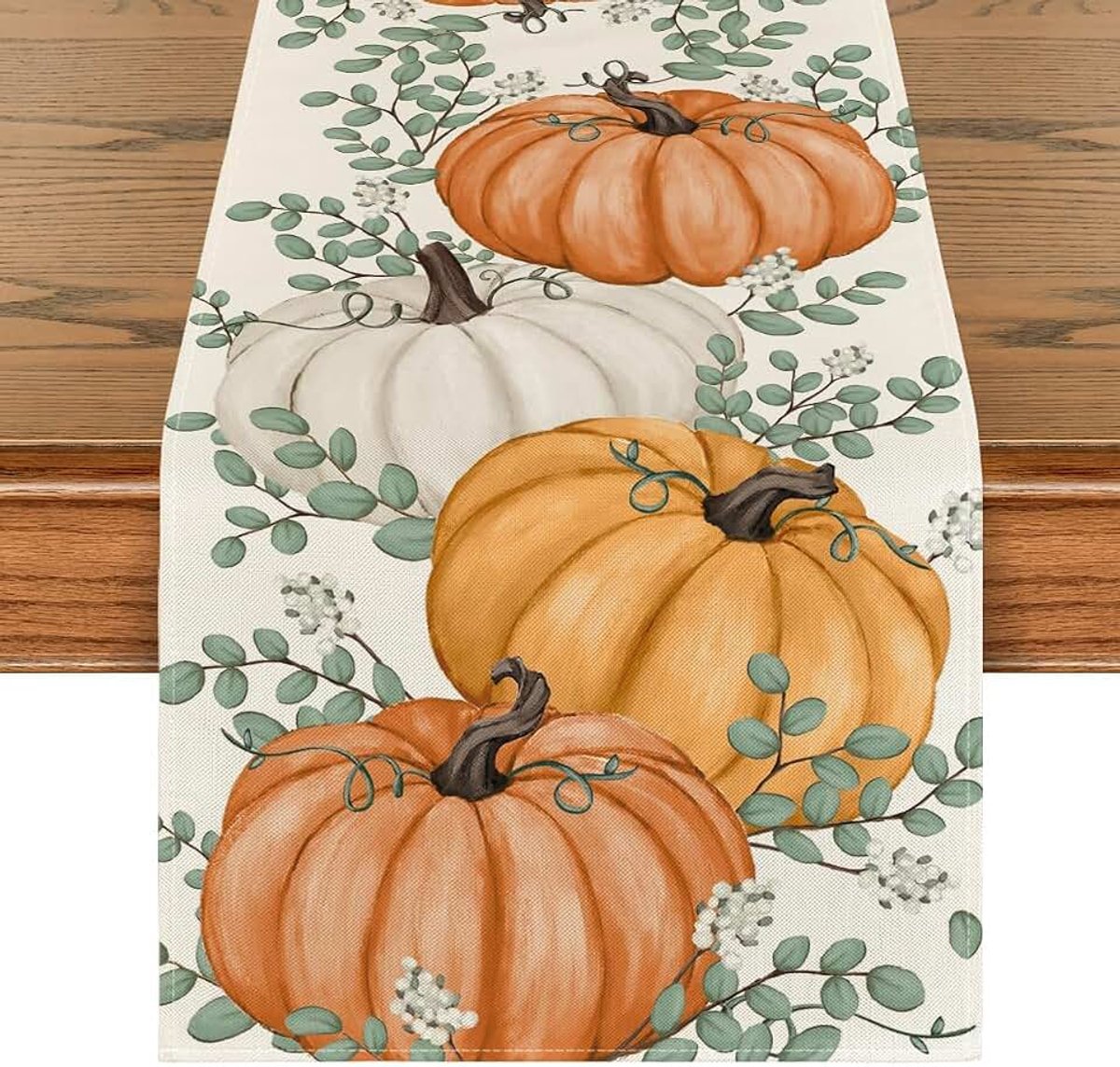 Mode Drei Orange Kürbisse Eukalyptus Herbst Tischläufer, Saisonnal Küche Tisch Dekoration Drinnen Urlaub Party Dekor 40x180 cm | Seizoensgebonden huis, woonkamer, tafeldecoratie, binnen, vakantie, feestdecoratie