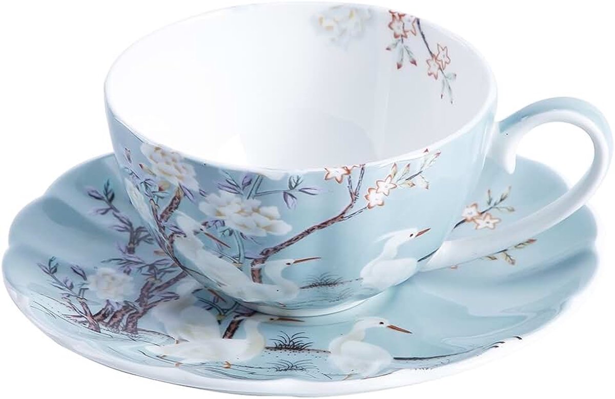 8oz Blue Fine Bone China Koffiekop met Schotel, Gekleurde Bloemen, Witte Kraan Porselein Theekop en Schotel | Witte Kraan Bloemen Porselein Theekop en Plaat voor Bruiloft Middag Party