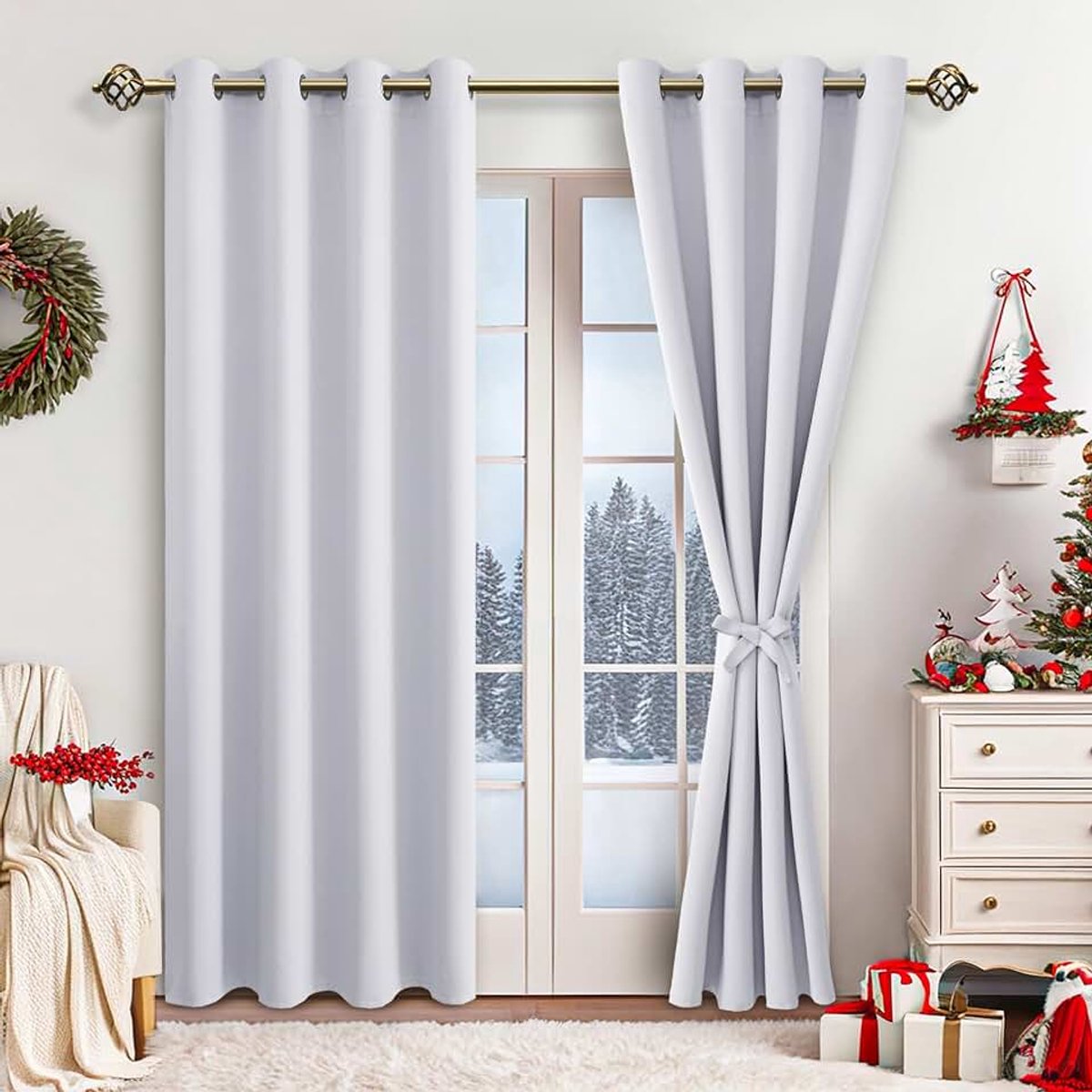 Verduisterende gordijnen, inslagringen, voor slaapkamer, woonkamer, grijs-wit, 2 stuks, 245 x 132 cm (H x B)