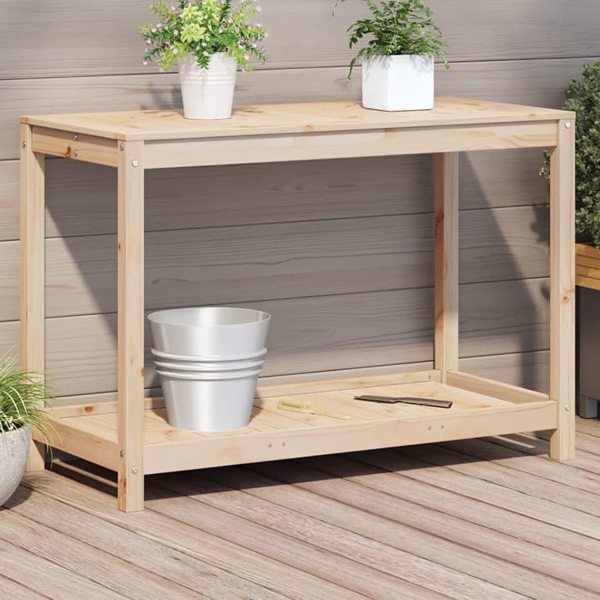 Massief grenenhout, 108 x 50 x 75 cm | Met legplank, lamellendesign, waterafvoer, voor tuin en terras