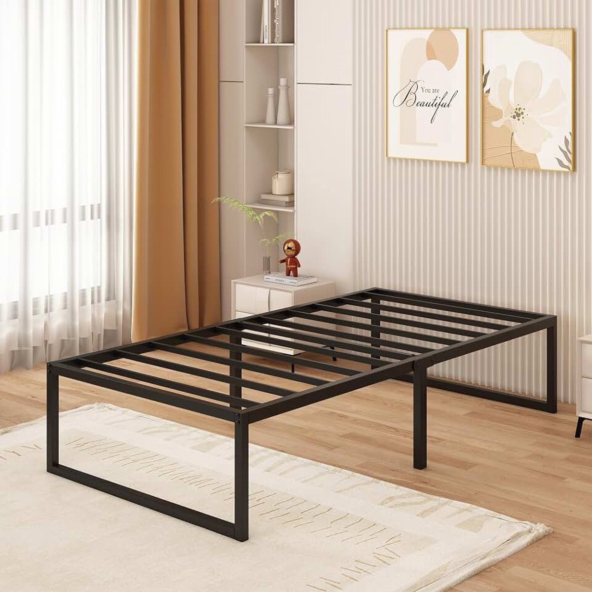 Bedframe 80x190 cm - 46 cm Hoogte met Opbergruimte Onder het Bed, Metalen Eenpersoonsbedframe met Zware Metalen Latten voor Stabiele Ondersteuning, Eenvoudige Montage, Geruisloos, Zwart