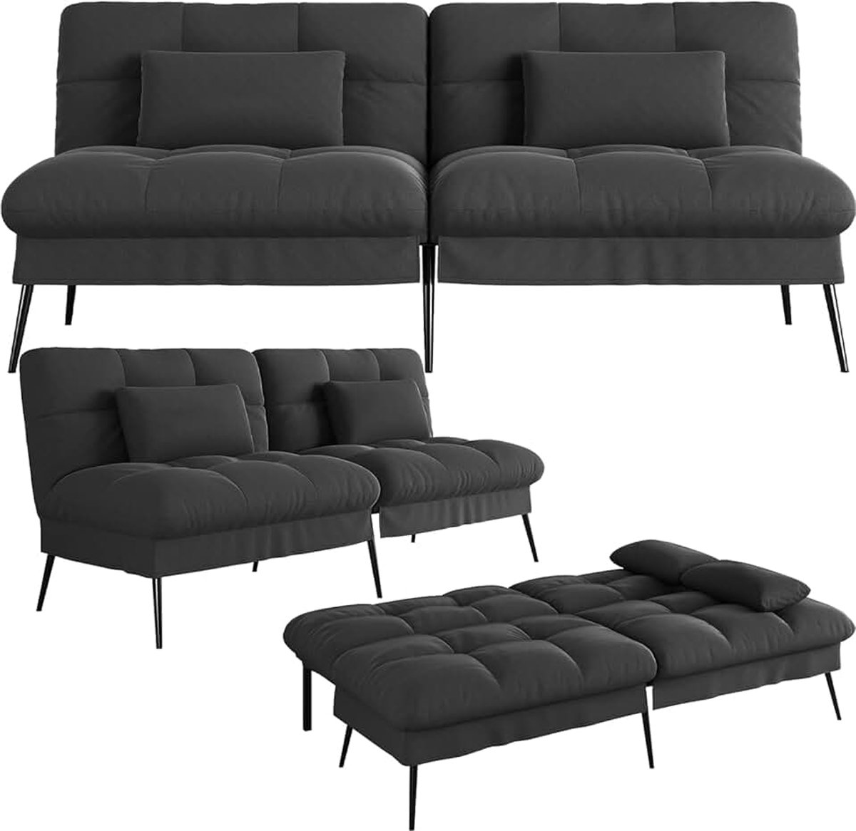 Sofabed met slaapfunctie, omvormbaar, futonhoes, hoekbank, 3-zits logeerbank, met verstelbare rugleuning, van stof, zwart