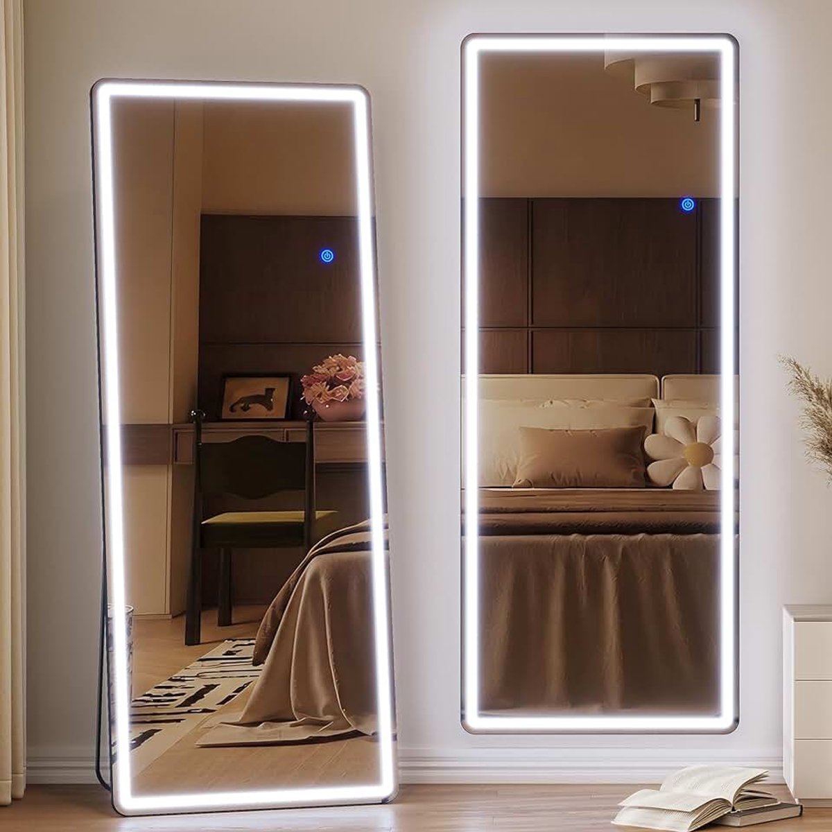 165x65cm Staande Spiegel LED, Lange Spiegel met Verlichting, Grote LED Wandspiegel, Volledige Lengte Passpiegel met Standaard, Vrijstaande Vloerspiegel voor Woonkamer Hal (Zwart)