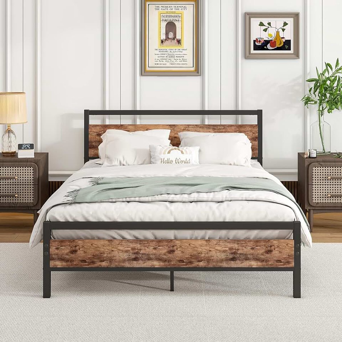 Bedframe 140x200, tweepersoonsbed, metalen bed, 140x200 met lattenbodem van metaal & hout hoofdeinde, eenvoudige montage, logeerbed, tienerbed, voor slaapkamer, logeerkamer, Bed Frame