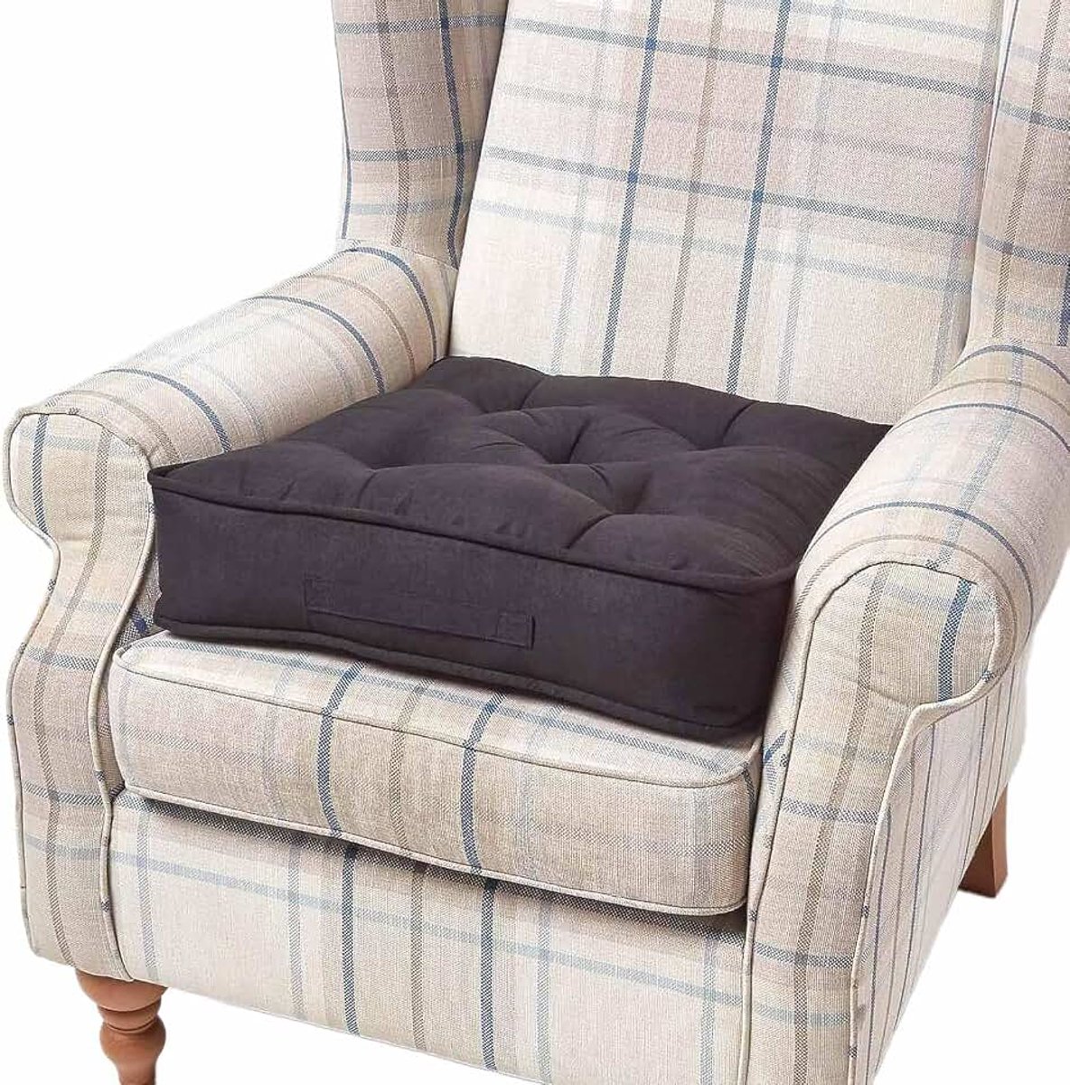 Grote zitkussen 50 x 50 x 10 cm, stoelverhoger met handvat en velours hoes, gestoffeerde stahulp voor fauteuils en banken, zwart