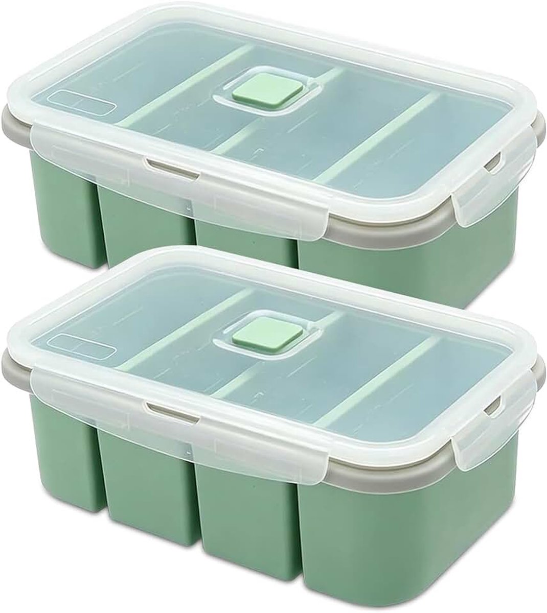 Invriezen containers 2 stuks siliconen vriesvorm met deksel, 4 gaten, voedselcontainer, extra grote ijsblokjesvorm voor soep, bouillon, saus, ijsblokjes, ijsblokjes of boter, groen