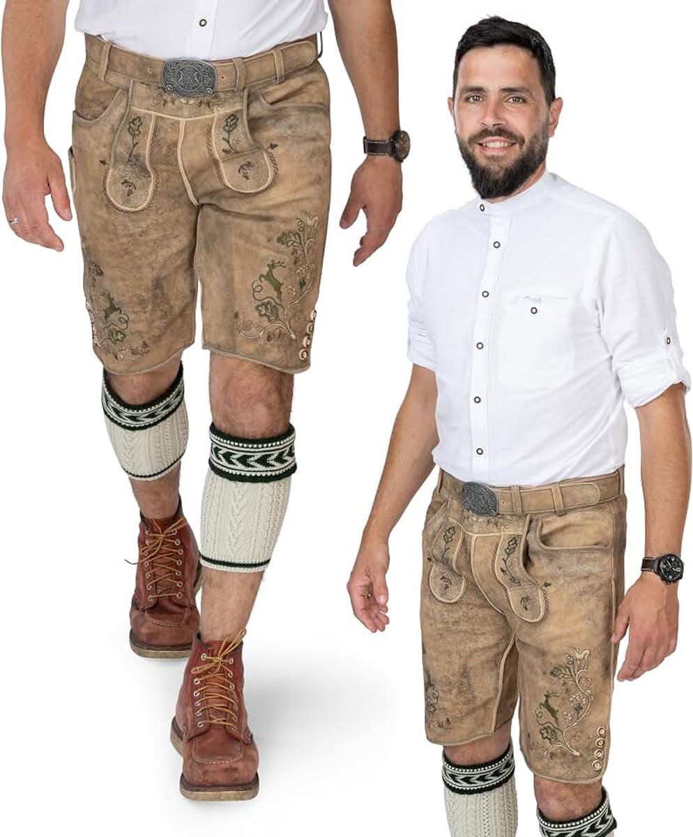 Traditionele lederhose kort met klederdrachtriem - Originele Wildbock klederdrachtbroek voor Oktoberfest, klederdrachtbroek, zandkleurig