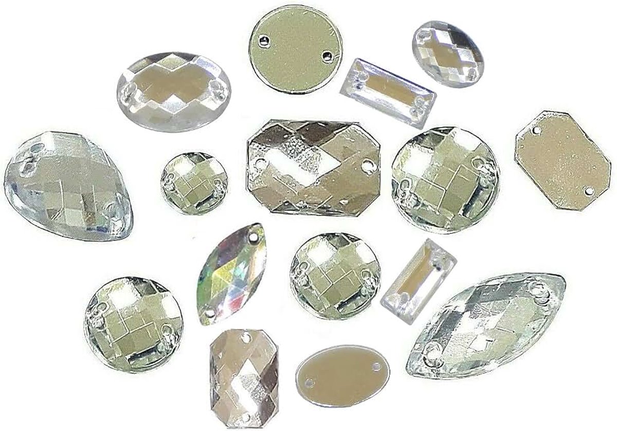 Strassteentjes om op te naaien, glitterstenen om aan te naaien, 2 gaten, naaiknoppen, kristal, acrylstenen, kristal en AB platte achterkant, facetgeslepen, gemengde vormen, set 100 stuks