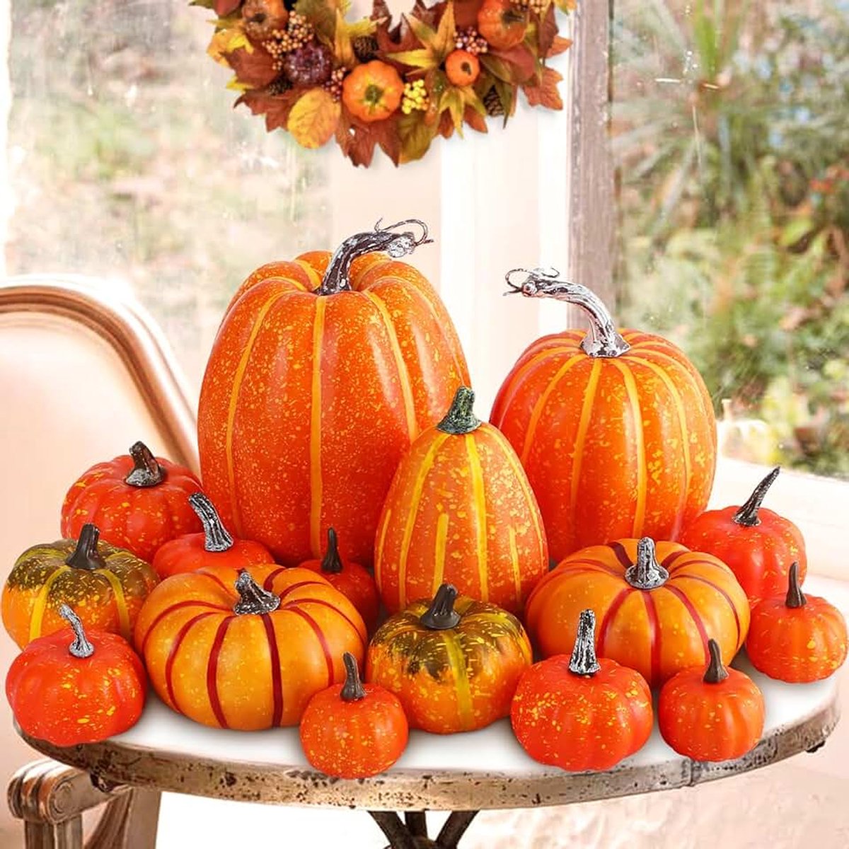 16Pcs Pompoen Herfst Decoraties, Decoratieve Grote Kleine Outdoor Oranje Schuim Plastic Nep Faux Kunstmatige Pompoenen Voor Halloween Herfst Oogst Festival Thuis Tafel Decor