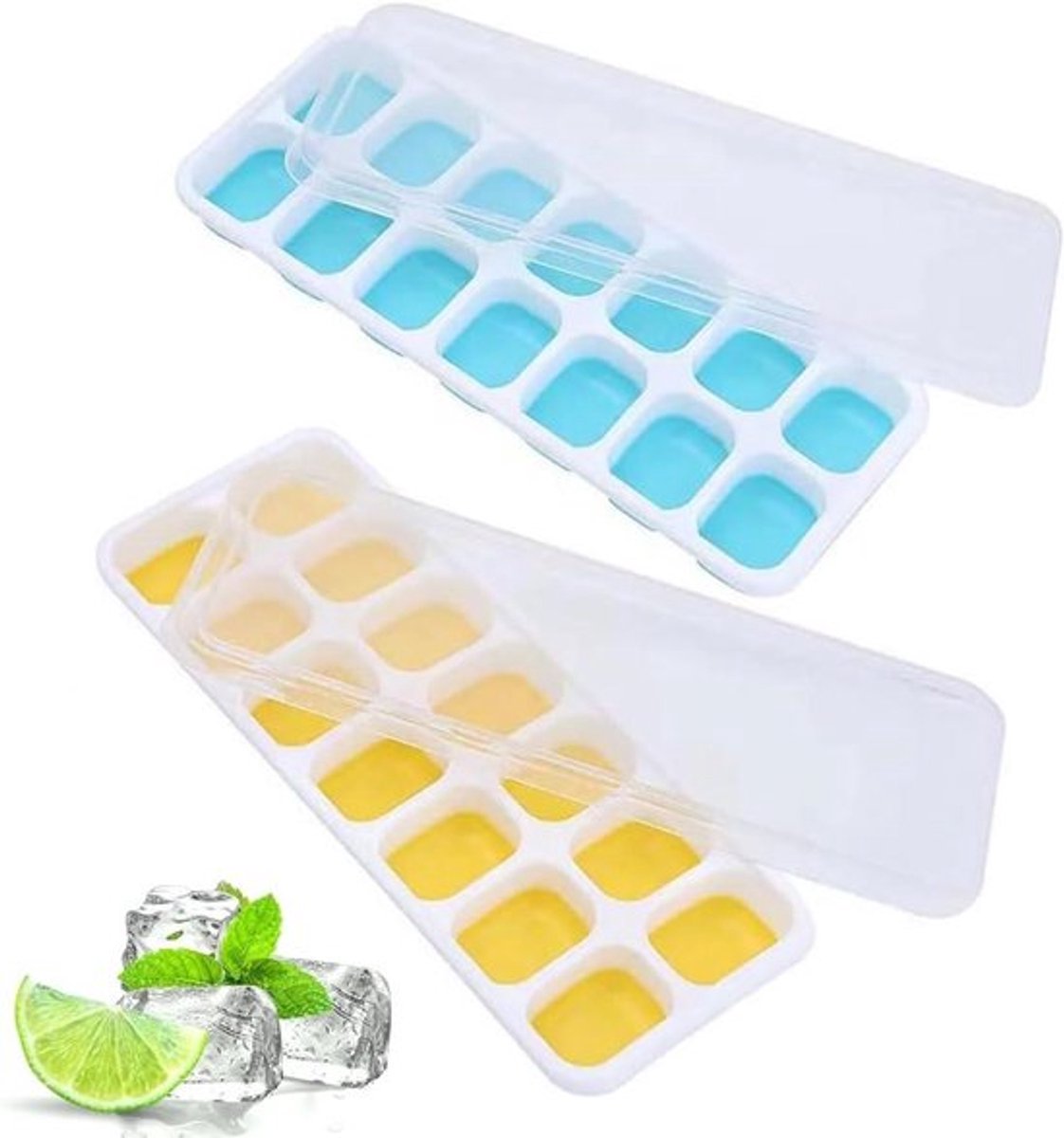 Set van 4 ijsblokjesvormen met deksel van siliconen - 100% BPA-vrij - LfGB-gecertificeerd - ruimtebesparend stapelbaar - ijsblokjesvormen voor cocktails en whisky - herbruikbaar en gemakkelijk schoon te maken