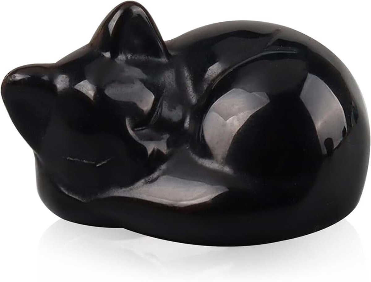 Obsidiaan slapende kat standbeeld decor, genezende kristallen kattenbeeldjes, kattengeschenken voor vrouwen, schattig bureaudecoratie, kattensculptuur kantoordecoratie, geluksvogel