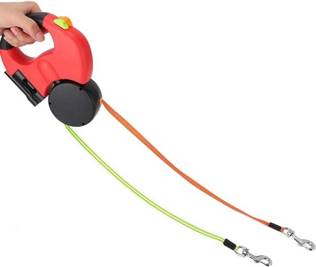 Uittrekbare rollijn voor 2 honden met 360° klitvrije technologie, ledverlichting en reflecterende nylon riem, geschikt voor wandelen met meerdere honden in het donker.
