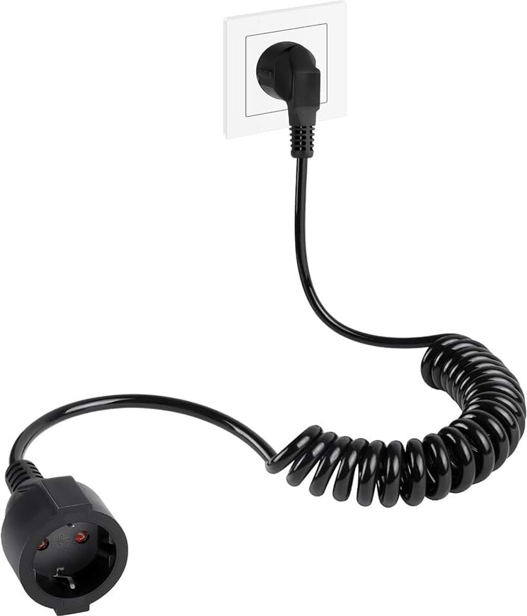 Verlengkabel, spiraalkabel met geaard contact, uittrekbare kabel van 0,6 m tot 2 m Max, met stopcontacten, verlengkabel voor tv, pc, monitor, computer, huishoudelijke apparaten, 1 m, zwart