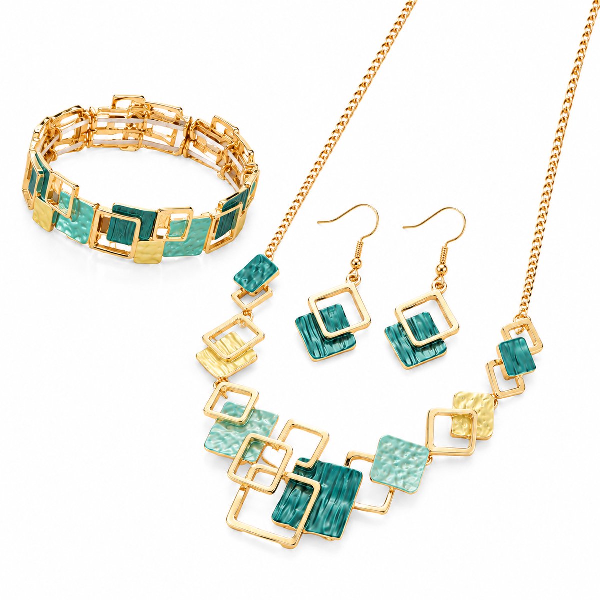 Helin Life Dames Sieradenset – Ketting, Armband & Oorbellen – Geometrisch Vierkant – Groen & Goudkleurig – 3-delige Set