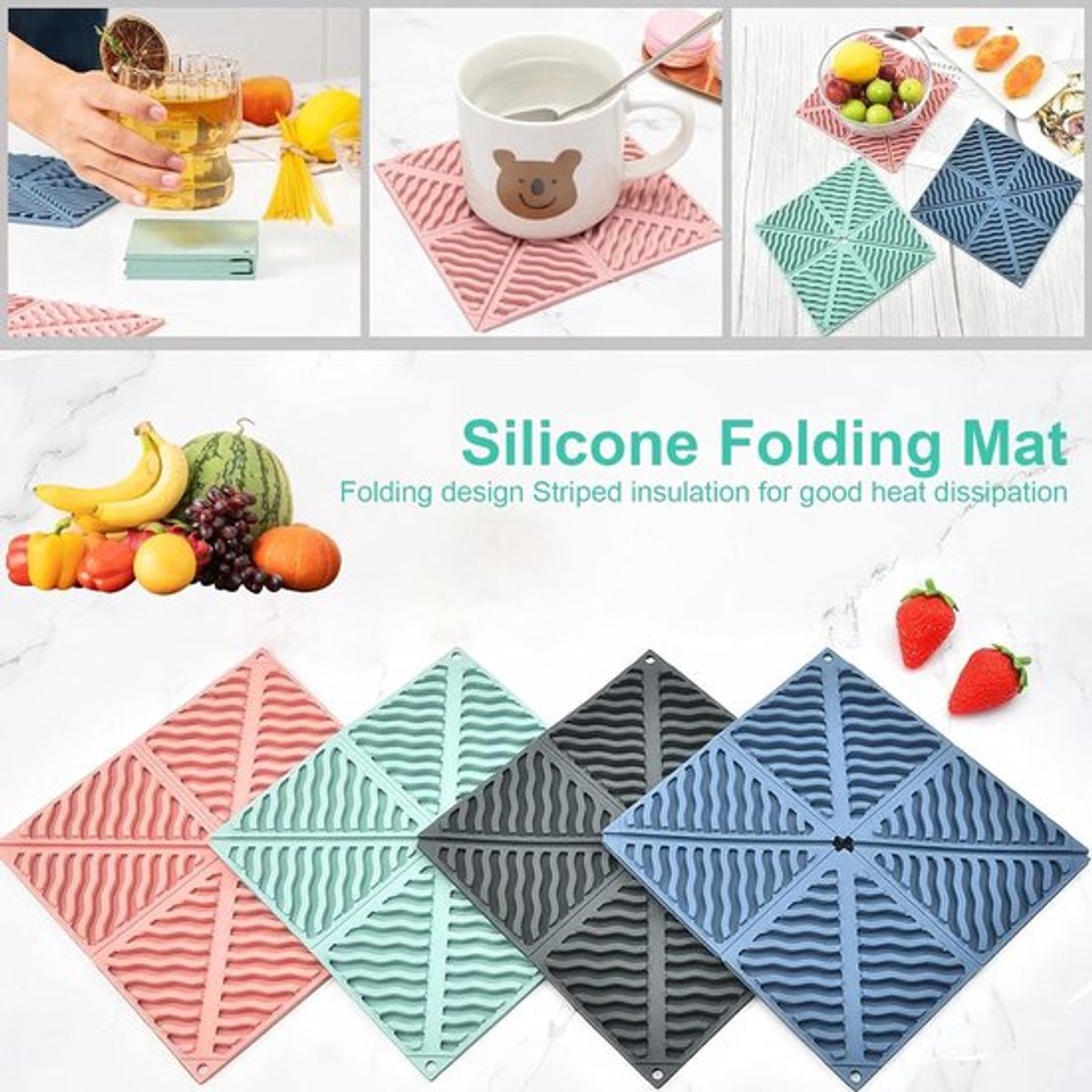 Set van 4 hittebestendige siliconen onderzetters - anti-slip en inklapbaar - 16,6 cm diameter - voor hete potten en borden - keuken accessoires