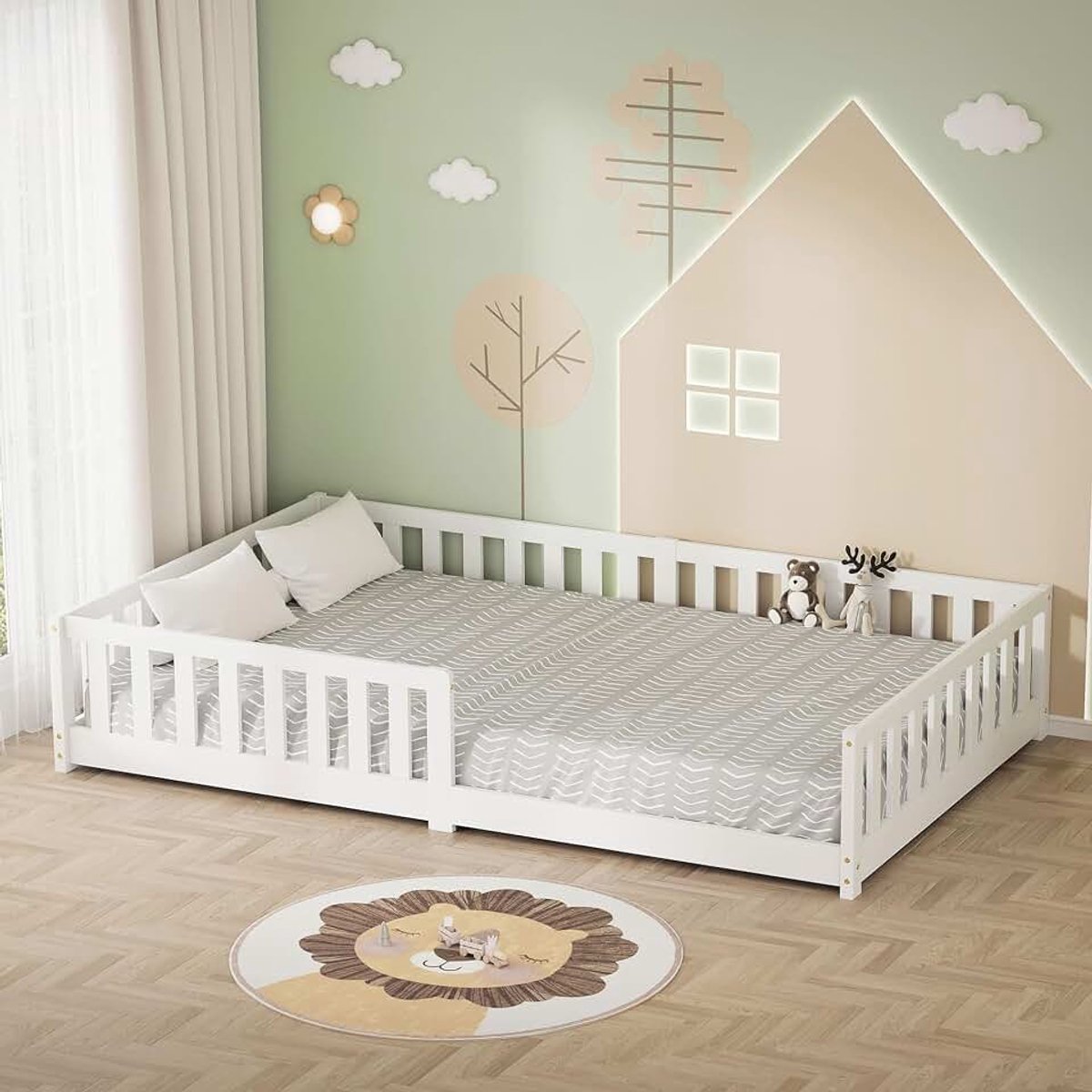 Kinderbed 120x200 cm wit Vloerbed voor Kinderen met stevig Lattenbodem en Valbeveiliging Massief Grenenhouten Juniorbed Peuterbed Babybed Eenpersoons Bedframe voor Jongens en Meisjes