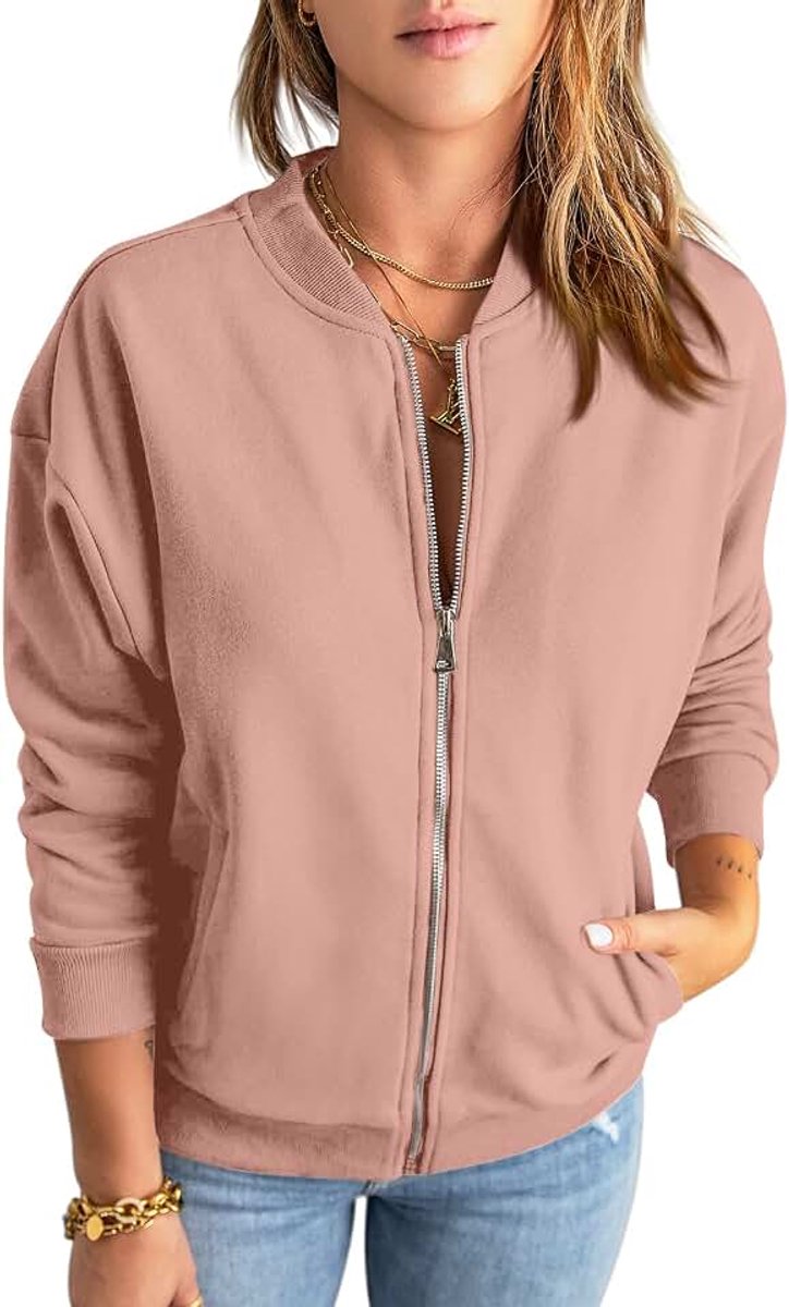 Sweatshirt met rits voor dames, oversized jack, sweatshirt, effen, losse lange mouwen, top, bovenstuk met zak