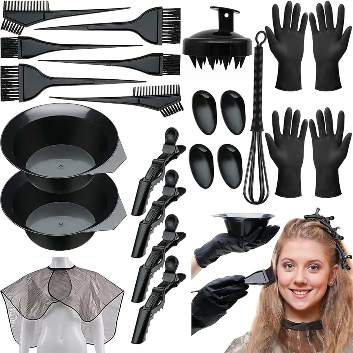 23-delige haarkleurset, haarverfset, kleurgereedschap, met hoofdhuidmassageborstel, herbruikbaar, voor doe-het-zelf salon en thuisgebruik
