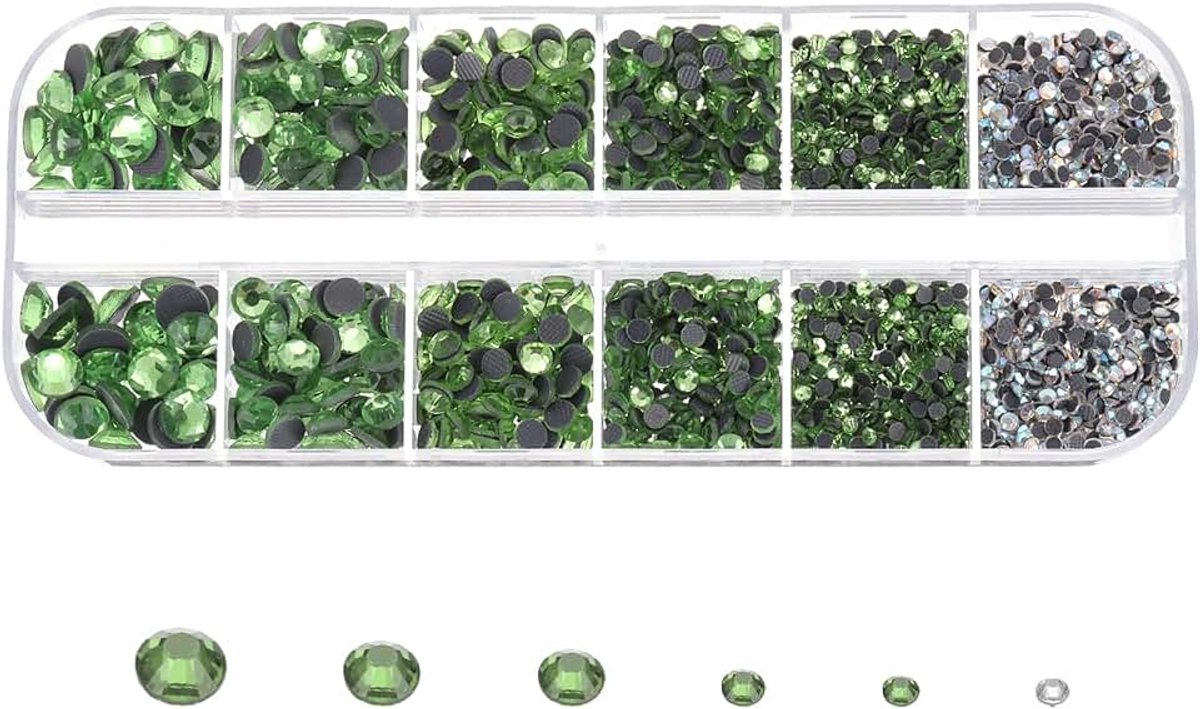 Strassteentjes, platte achterkant, kristalglas, edelstenen met doos, nagelkunst, set voor knutselen, kleding, doe-het-zelfdecoratie, 5 maten (SS6-SS30, lichtgroen, lichtwit)