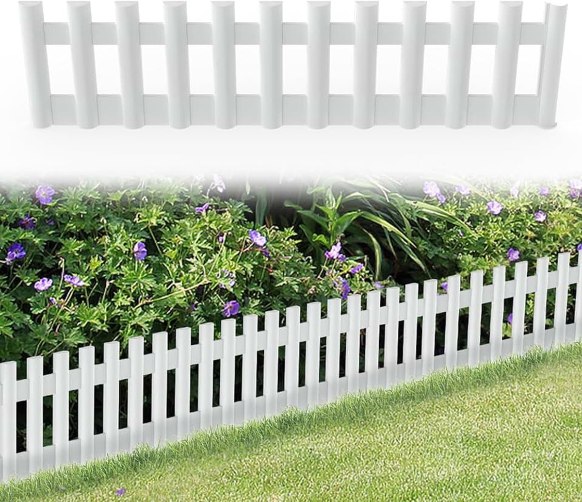 Gazonrand, kunststof, 43 x 12 cm, bloembedrand met grondnagels, flexibel insteekhek, bloembed, tuinpalissade, 6 stuks, wit