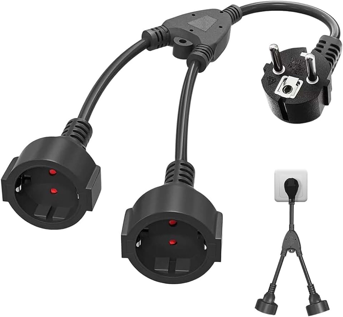 Verlengkabel met 2-voudig Schuko-stopcontact, IP44 waterdicht, verlengkabel, dubbele stekker, 16 A/250 V, dubbele stekker voor stopcontact, 2-voudig, 3 x 1,5 mm² Schuko dubbele stekker, zwart