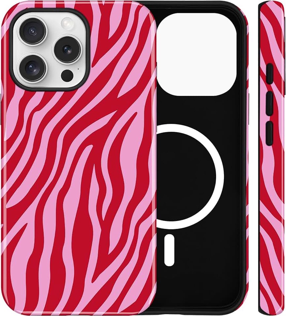 Magnetische Hoes voor iPhone 16 Pro, Aantrekkelijk Zebra Patroon, Compatibel met MagSafe, Dubbellaags Schokbestendige Beschermhoes met Bumper, Rood