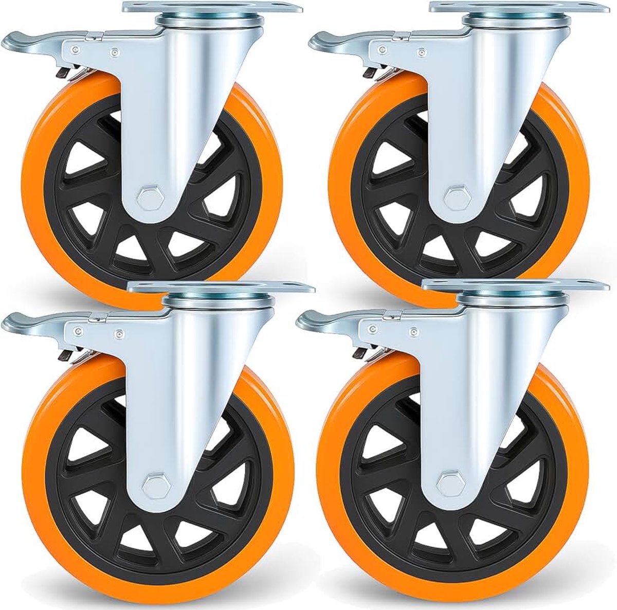 Belastbare wielen 150 mm met rem, 4 zwenkwielen, dubbele vergrendeling, draagkracht 1000 kg, stille polyurethaan wielen, 360° rotatie voor meubels, transportwielen, meubelwielen voor