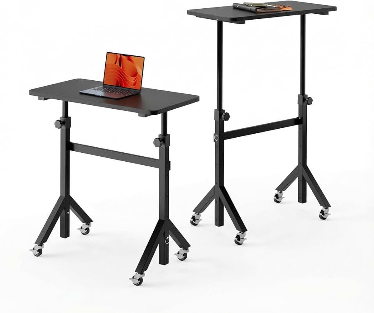 In hoogte verstelbaar bureau, 6 hoogte-instellingen tot 118 cm, 80 x 40 cm, klein mobiel bureau met driehoekige poten, vloeiende mobiliteit met vergrendelbare wielen, tafel