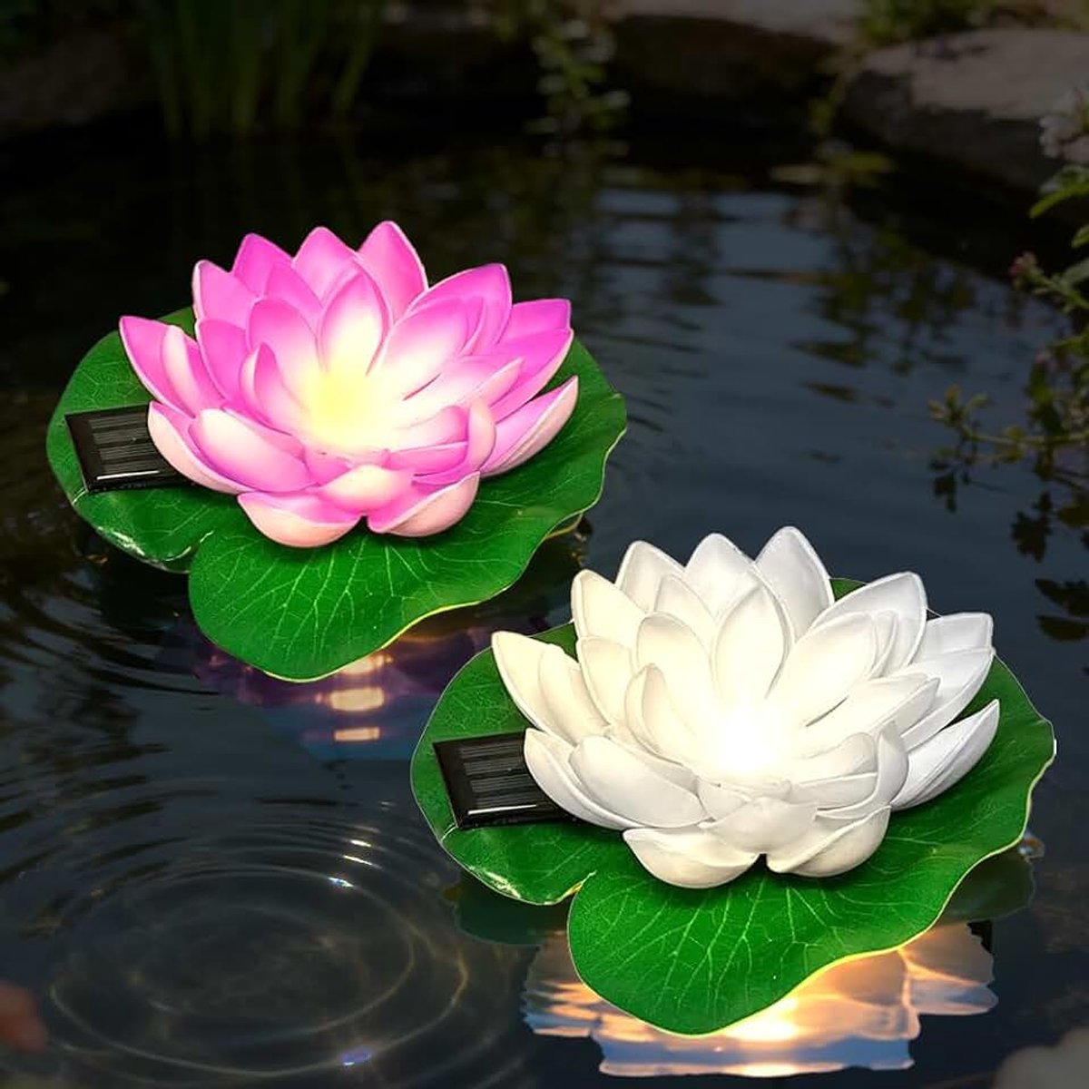 2 stuks lotus-lampen voor buiten, kunstlotusverlichting, drijvend, waterdicht, voor zwembad, bruiloft, jubileum, tuindecoratie (wit paars)