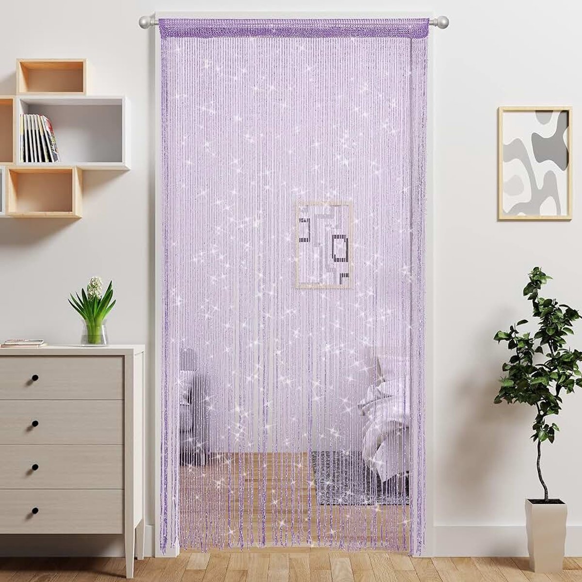 Decoratieve touwen, 100 x 200 cm, draadgordijnen voor deuren (paars) | Draadgordijnen tegen muggen, gordijn met zak voor stang, scheidingsgordijn, compleet, tweepersoonsbed, Festa