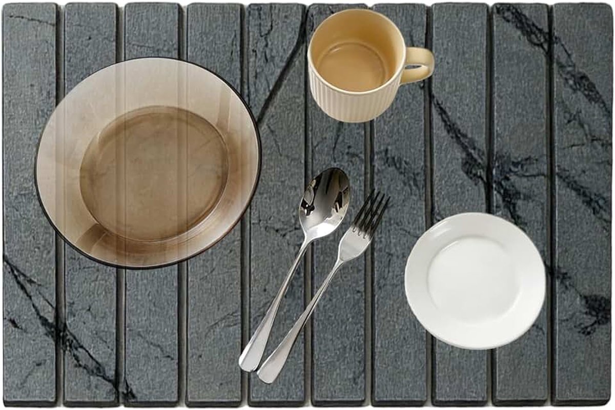 Afdruipmat servies: 40 x 30 cm, afdruipmat van kiezelgoer, waterabsorberende, sneldrogende, opvouwbare absorberende stenen droogmat voor servies, kopjes (donkergrijs)
