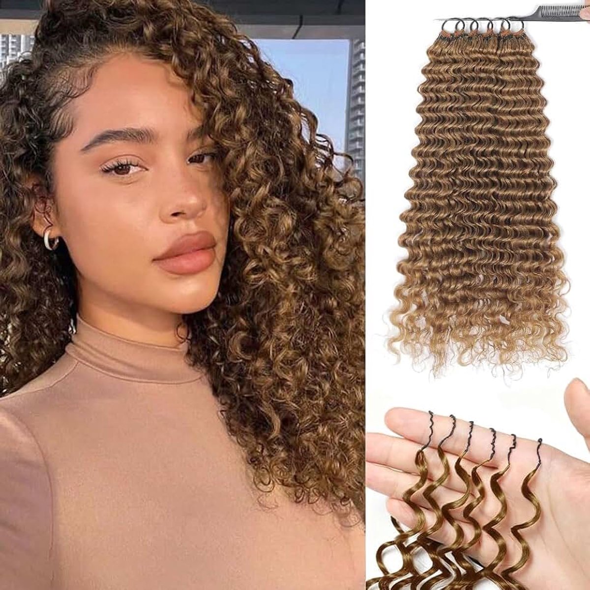 Feather Crochet Human Hair Bundles for Black Women 18 Zoll Deep Wave Honey Blonde Human Hair Crochet 125g 100Pcs Wet and Wavy Invisible Knotless Curly Schwarz Echthaar Haarverlängerungen