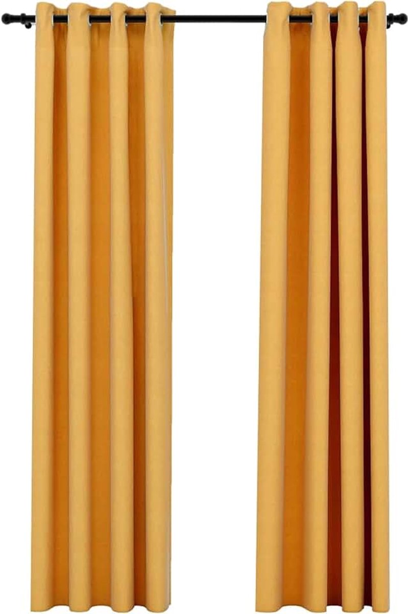 2 x gordijn, verduistering met ogen, linnenlook, verduisteringsgordijn, plooiband, thermogordijn, ondoorzichtig, geel, 140 x 245 cm