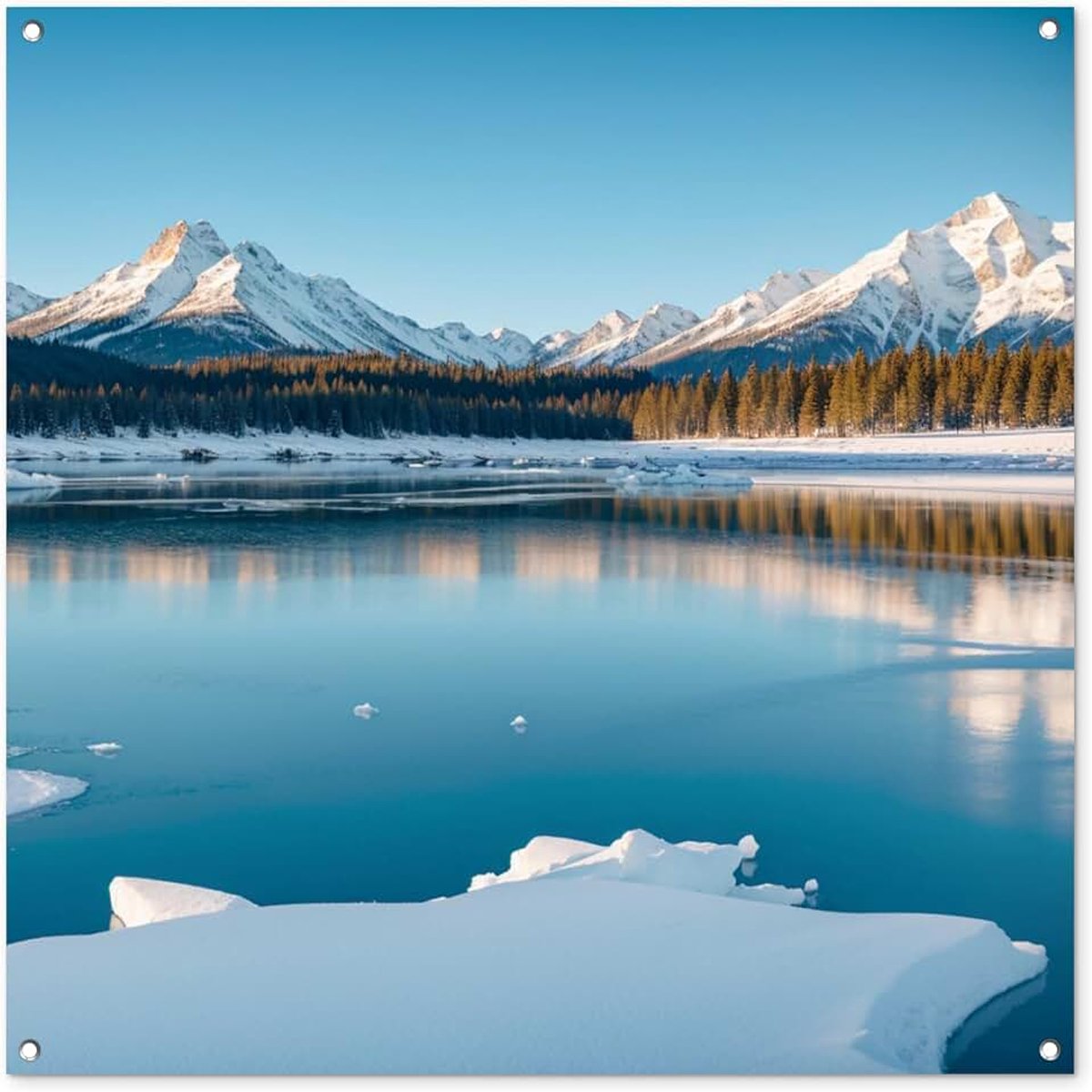 Tuinposter 100x100 cm Balkon Tuindecoratie Poster Garden Outdoor Posters Tuin Decoratie Tuinposters Voor Buiten Terras Tuinmuurdecoratie Landschap - Winter - Meer - Bergen - Uitzicht