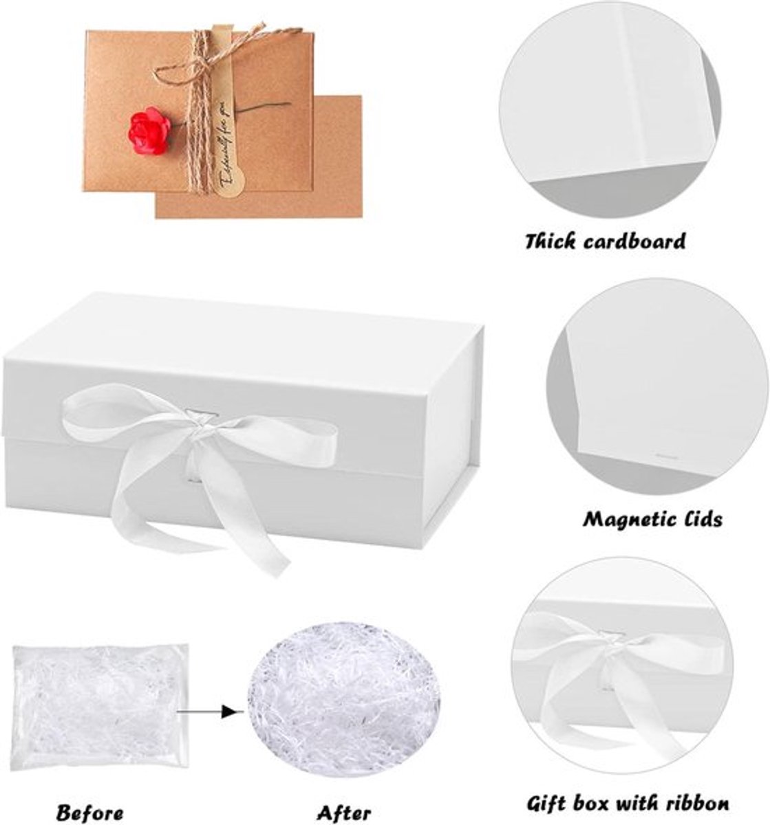 Geschenkdoos wit met deksel, lint en wenskaarten - voor bruiloft, verjaardag, Kerstmis - jubileumcadeau met vulmateriaal