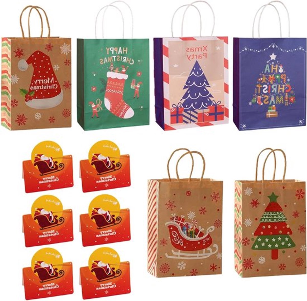 Set van 6 kerstcadeautassen met 6 kerstkaarten, stevige en stijlvolle geschenken voor de feestdagen, decoratie en vieringen