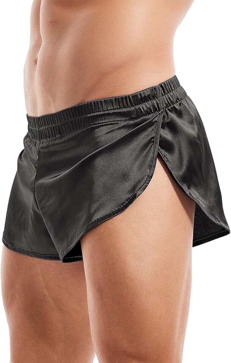 Heren Sexy Satijn Shorts Grote Split Side Boxers Zijdeachtige Pyjama Nachtkleding met Pouch Liner